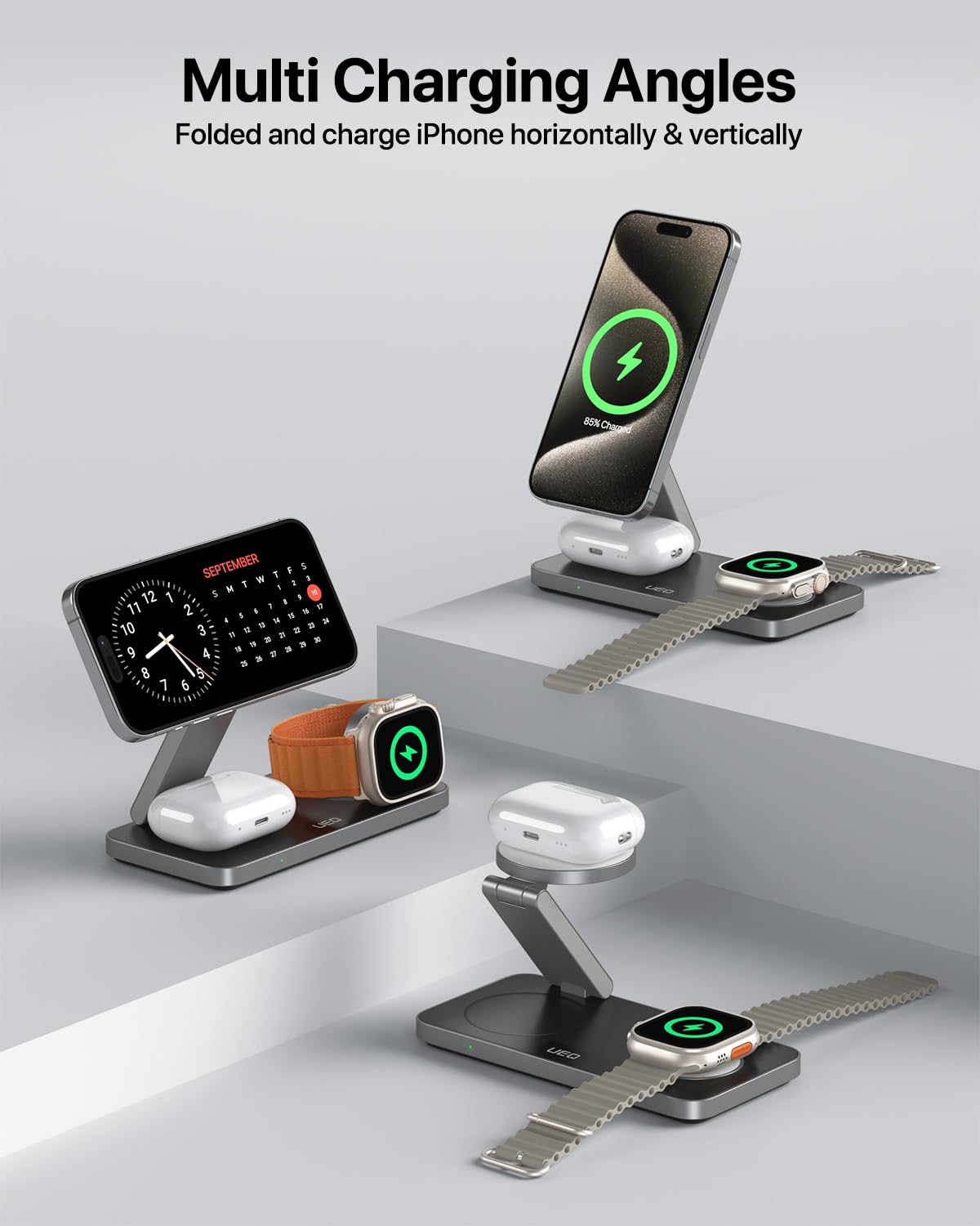 Foldable 3 in 1 Wireless Charging Station for Apple Magsafe Charger Stand,Fast Magnetic Wireless Charger Station for iPhone 17 Air 16 15 14 13 12 Series,Airpods Pro,Apple Watch Ultra (Pure Black)