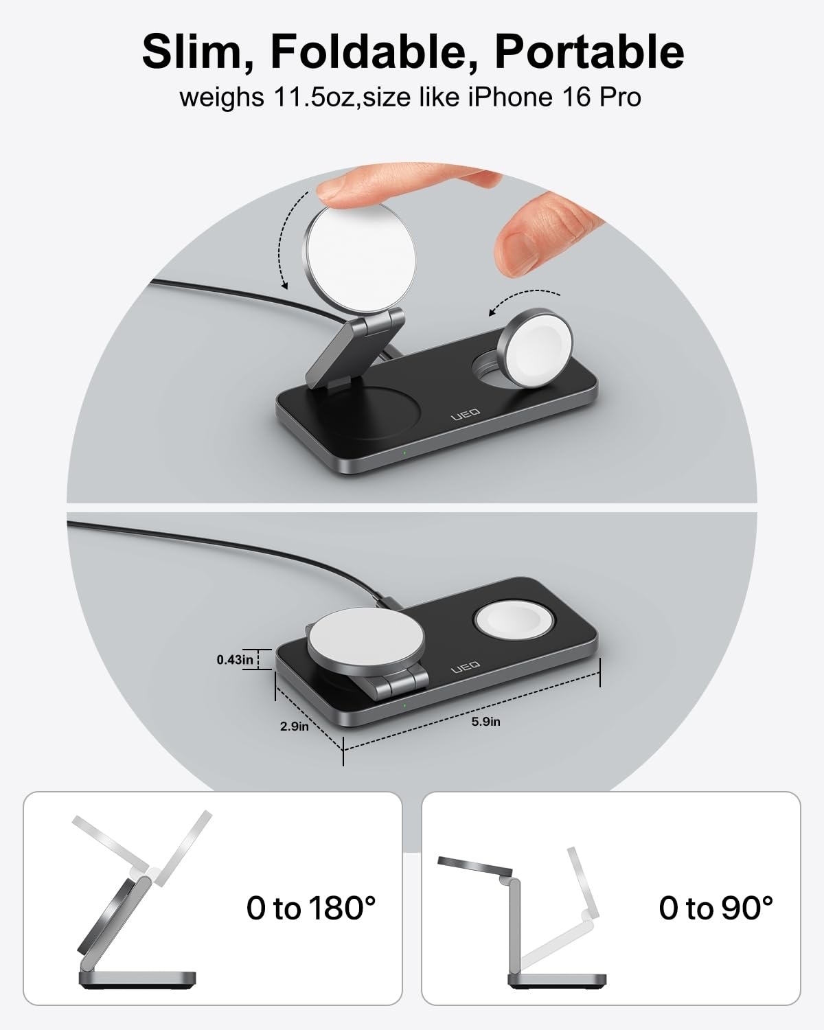 Foldable 3 in 1 Wireless Charging Station for Apple Magsafe Charger Stand,Fast Magnetic Wireless Charger Station for iPhone 17 Air 16 15 14 13 12 Series,Airpods Pro,Apple Watch Ultra (Pure Black)