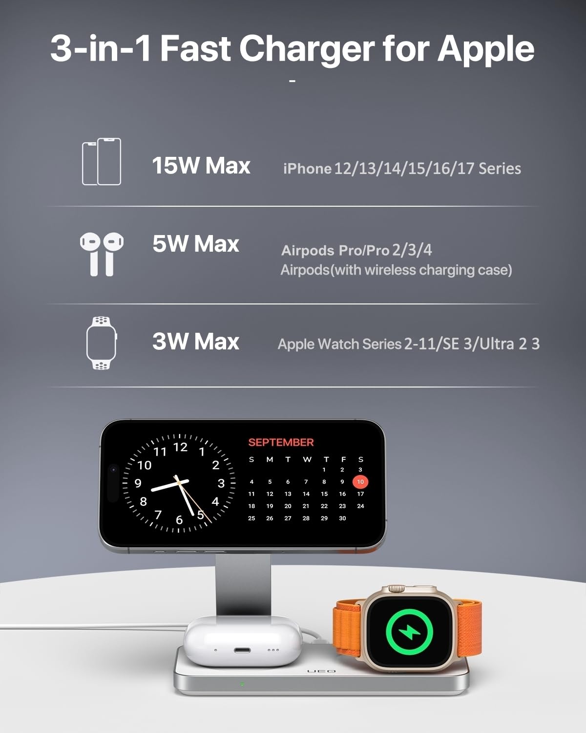 Foldable 3 in 1 Wireless Charging Station for Apple Magsafe Charger Stand,Fast Magnetic Wireless Charger Station for iPhone 17 Air 16 15 14 13 12 Series,Airpods Pro,Apple Watch Ultra (Pure Black)