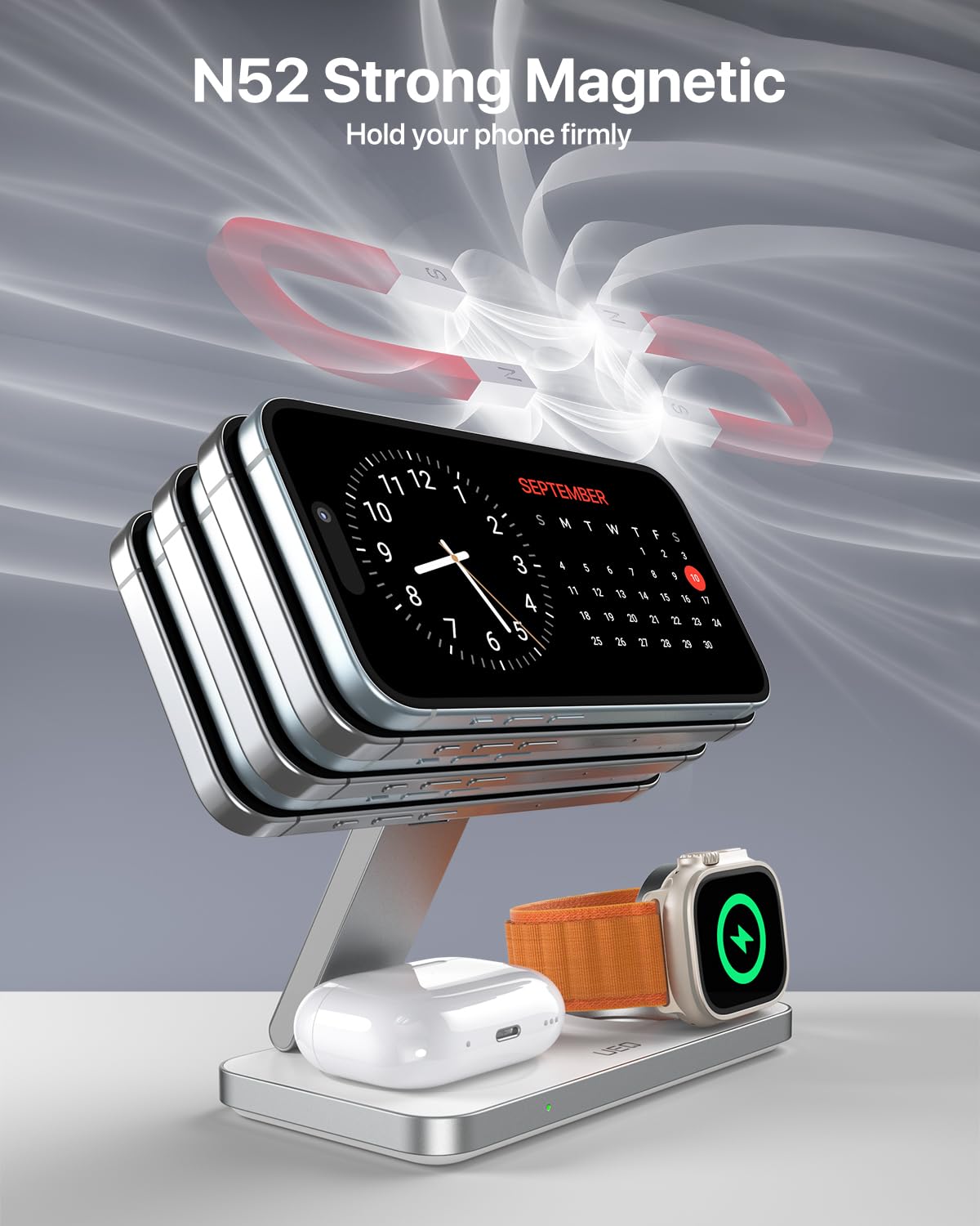 Foldable 3 in 1 Wireless Charging Station for Apple Magsafe Charger Stand,Fast Magnetic Wireless Charger Station for iPhone 17 Air 16 15 14 13 12 Series,Airpods Pro,Apple Watch Ultra (Pure Black)