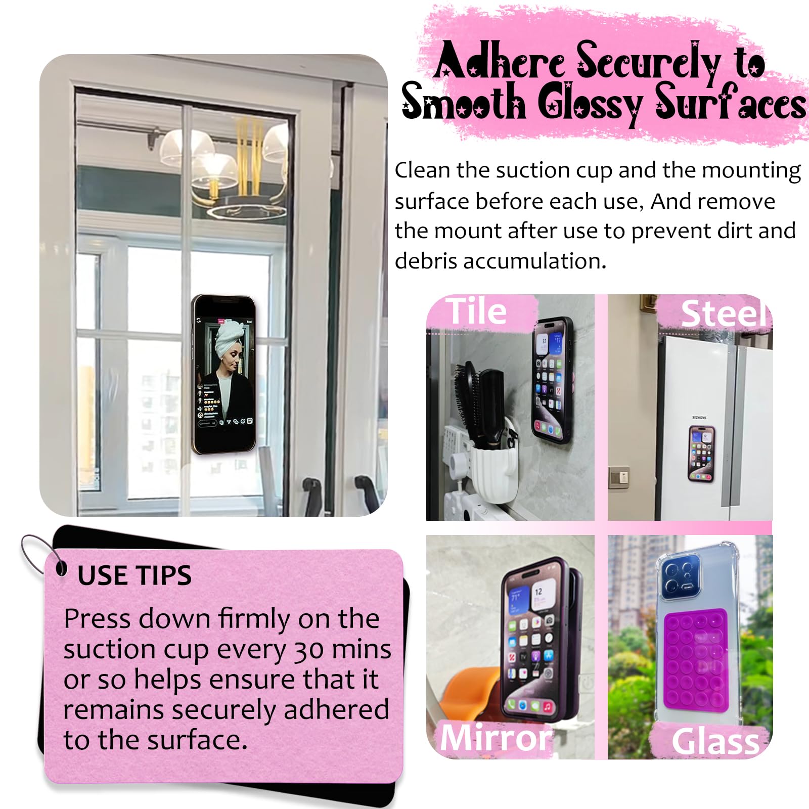 Anteel Silicone Suction Phone Case Mount, Silicon Adhesive Phone Accessory for Smartphones, Hands-Free Mirror Shower Phone Holder for Selfies, Tiktok Videos (White)