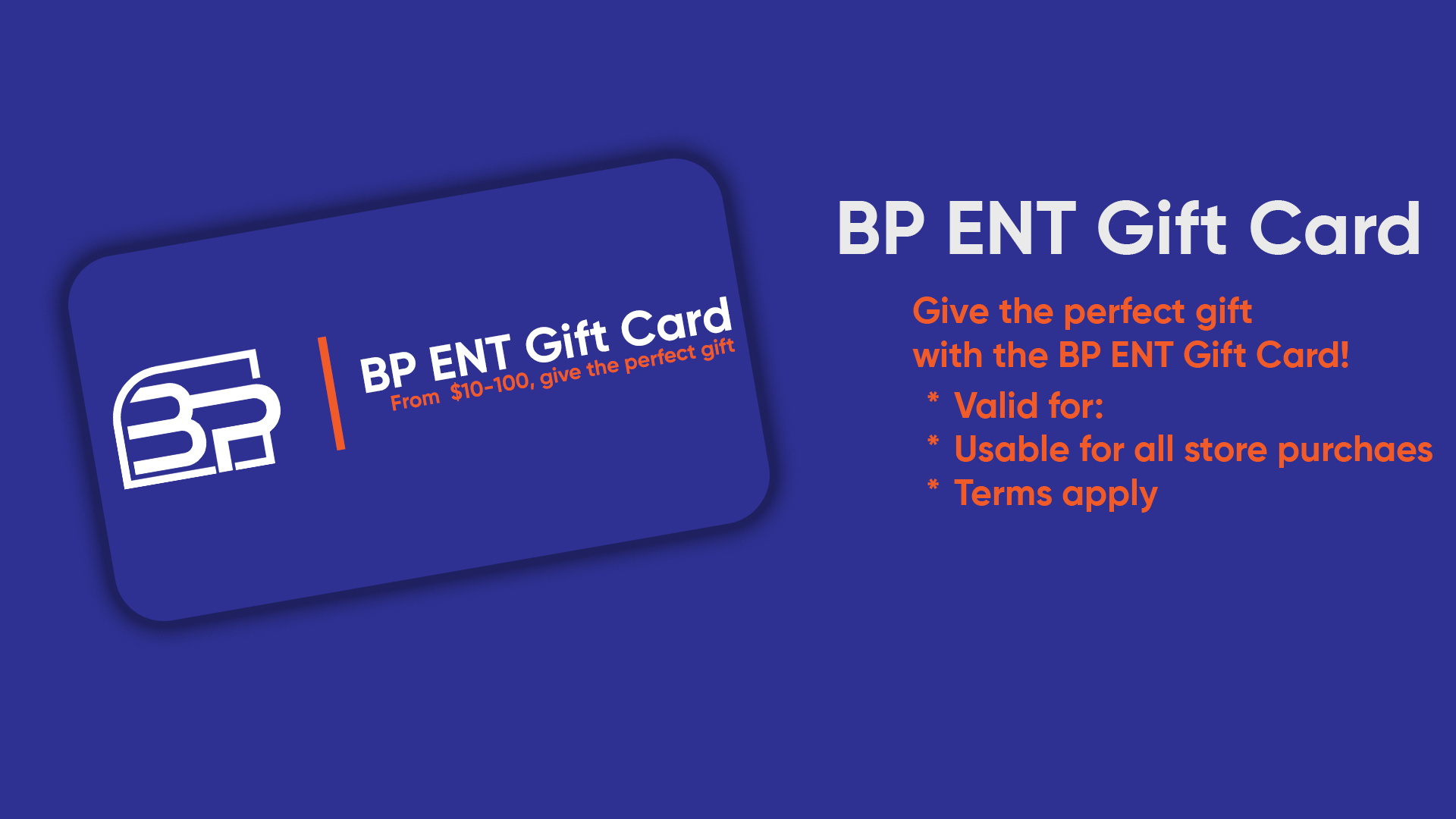 BP ENT Gift Card on a blue background with promotional text.